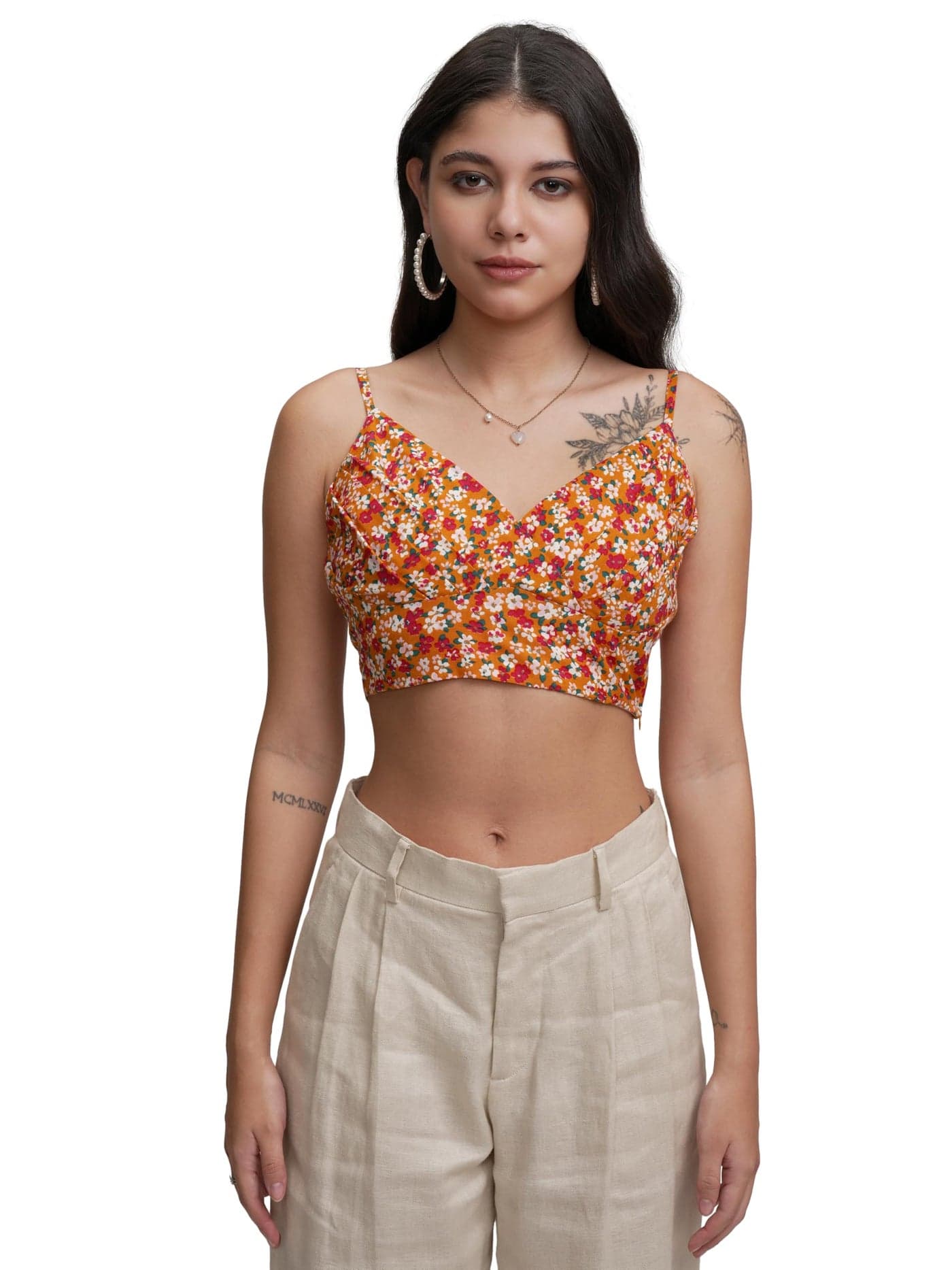 Tokyo Talkies Women's Floral Fitted Crop Top | Shoulder Straps | Chic & Versatile Cut Out | Perfect for Casual & Layered Looks | Tops for Woman | Women Tops | Women Crop Top