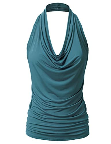 EIMIN Women's Casual Halter Neck Draped Front Sexy Open Back Tank Top Teal S