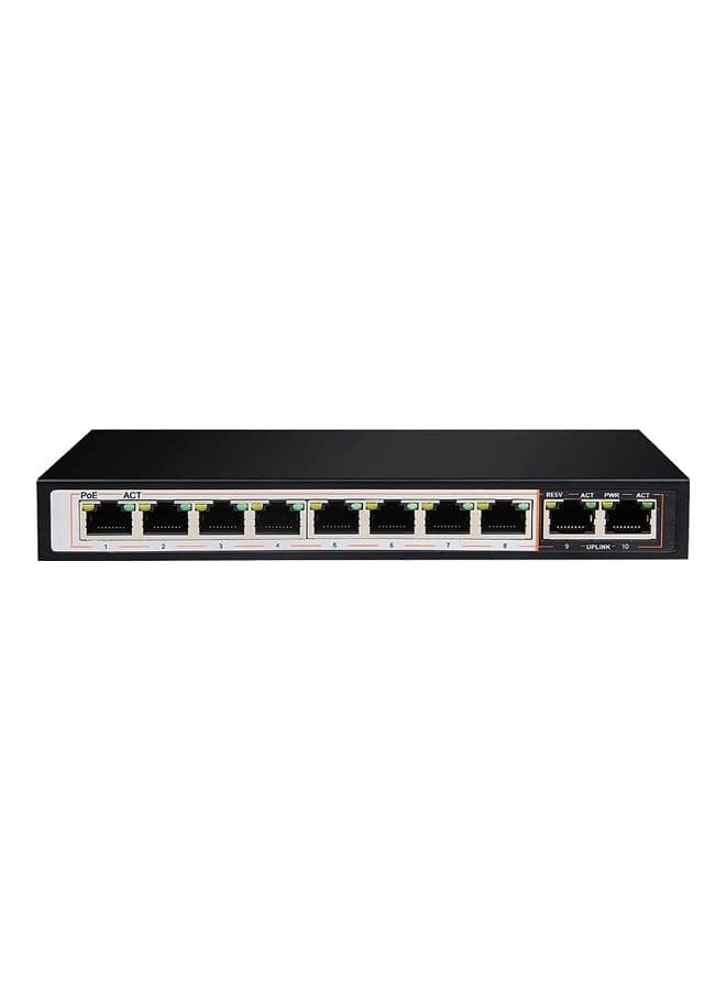 8GE PoE+ 2GE Uplink Switch, 250m Distance,10 Port 10/100/1000 Mbps, 6kV Light Protection, 120 Watts PoE Budget, Flow Control | DGS-F1010P-E Black
