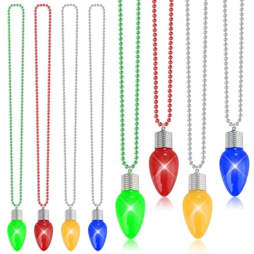 EOBOH Christmas Necklace 8pcs Light up Christmas Bulb Pendant Necklaces Xmas Accessories Bulk Green Yellow Red Blue Beads Light Xmas Necklaces for Ugly Sweater New Year Party Supplies