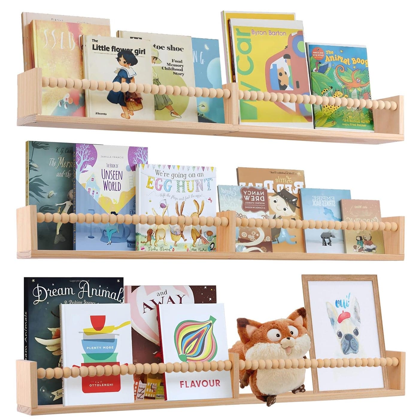 birola Nursery Book Shelves for Kids Rooms 32 Inches Floating Wall Bookshelves Set of 3 SpaceSaving Nursery Shelves with Beads Design for Kids Room Bedroom and Study RoomNatural