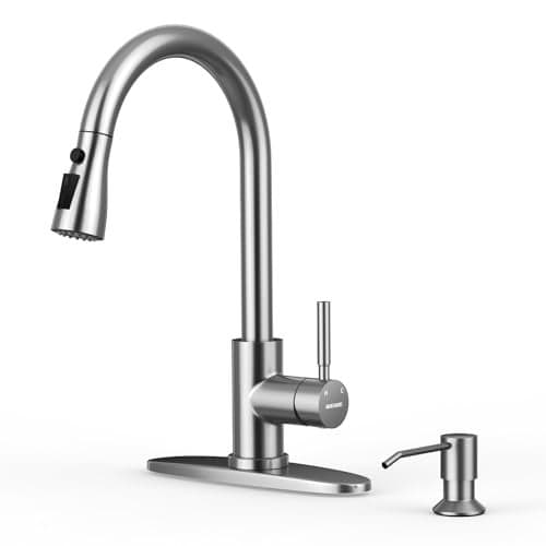 WEWE Kitchen Sink Faucet with Soap Dispenser Kitchen Faucet with Pull Down Sprayer 3 Modes Stainless Steel Single Handle Single Hole Pull Out Brushed Nickel Faucet for Bar Laundry RV Utility Sink