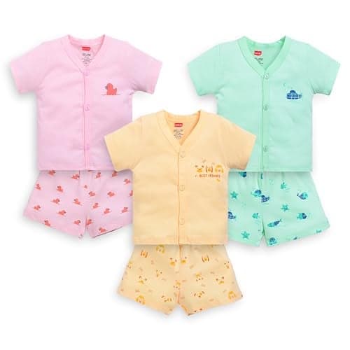 Luvlap Baby Boys & Girls Regular Fit 100% Cotton Half Sleeve Jhabla & Shorts Sets Pack Of 3, Peach Whip, Sea Green & Soothing Sea, L (6 to 12 Months)