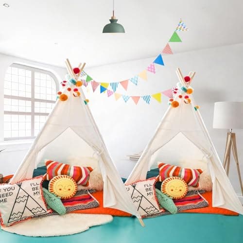 Wilhunter 2 Pack Kids Sleepover Teepee Tent with Lights Foldable Indoor Slumber Party Tents Sleep Over Play Tent Playhouse for Girls Birthday Gifts White