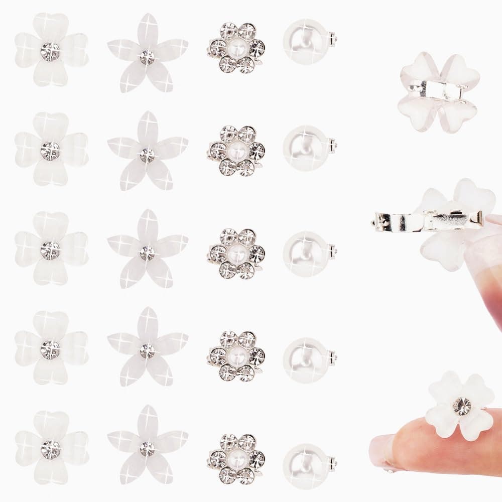 Ahoney 20Pcs Mini Clips for Hair White Flower Hair Clips with Rhinestone Cute Flower Girl Hair Accessory Decorations Hair Clips for Wedding Hair Barrettes Bridal for Girls Women White
