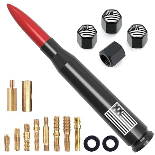 Car Truck Bullet Antenna with Tire Valve Caps American Flag Universal Short Replacement for GMC Sierra Chevy Silverado Dodge Ram 1500 2500 3500 Ford F150 F250 F350 Super Duty Raptor Accessories, Red