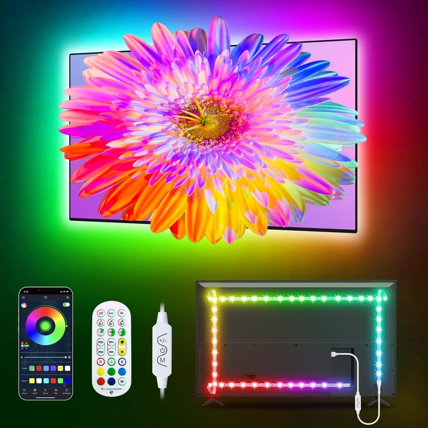 Daymeet TV Led Backlight 164ft ICRGB LED Lights for TV Smart Led Lighting for 6585inch Monitor USB Led Lights Behind Backlight Sync with Music Bluetooth APP Control with Remote