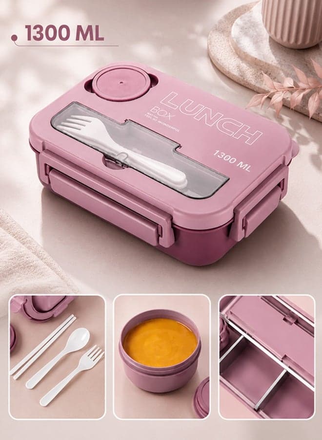 Kids Bento Lunch Box, Lunch Containers for School with 4 Compartments, Utensils and Sauce Container, 1300ml