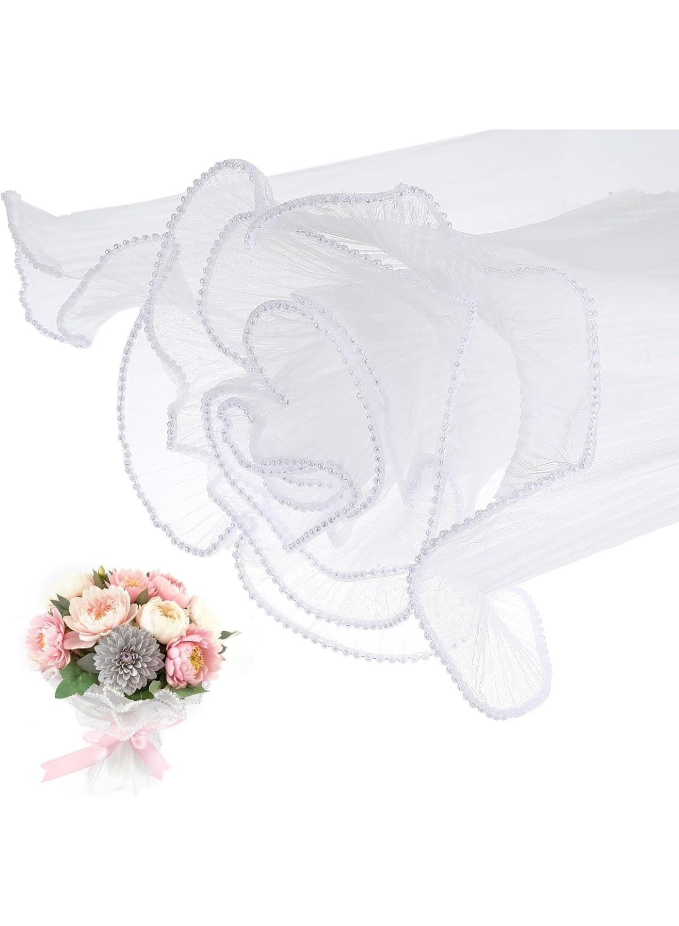 White Pearl Flower Wrapping Mesh Paper, 4 Yards Waterproof Translucent Bouquet Wrap for Floral Arrangements, DIY Crafts, Party Favor & Gift Packaging