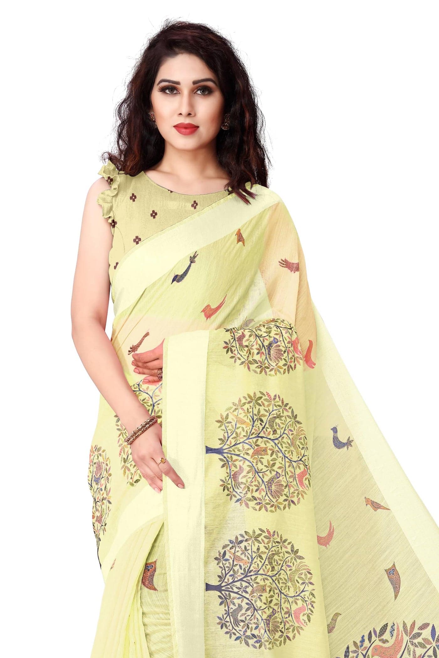 MIRCHI FASHION Women Cotton Blend Madhubani Printed Saree With Blouse Piece (12664-Yellow)