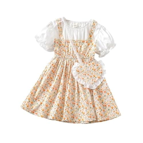 Niren Enterprise Adorable Floral Girl’s Dress with Heart-Shaped Purse – Perfect for Any Occasion, Pack of 1 (Yellow CRISPILLO, 2-3Y)