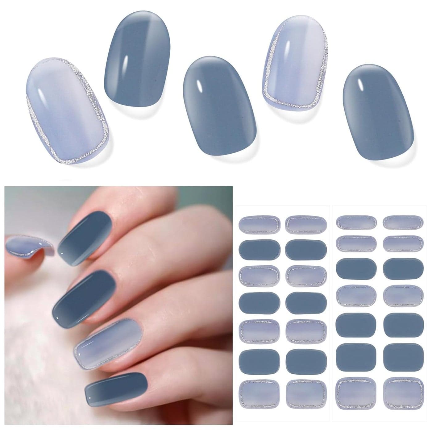 28pcs Semi Cured Gel Nail Strips, Gel Nail Stickers Kit Work with Any UV Nail Lamps, Long Lasting Gel Nail Wraps for Women, Includes Prep Pads, Nail File & Wood Stick(Blue Horizon)