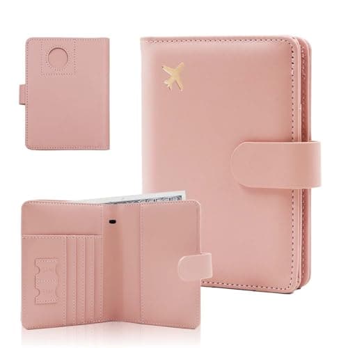 Melsbrinna Premium Leather Passport Holder Covers Case, Waterproof Rfid Blocking Travel Wallet Passport Holder with Pen Holder, Cute Passport Book for Women/Men (AIRTAG, AIR-PINK)