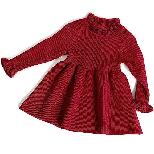 Simplee kids Little Girls' Long Sleeve Girl Dresses Ribbed Knit Sweater Dress Red 2-3T