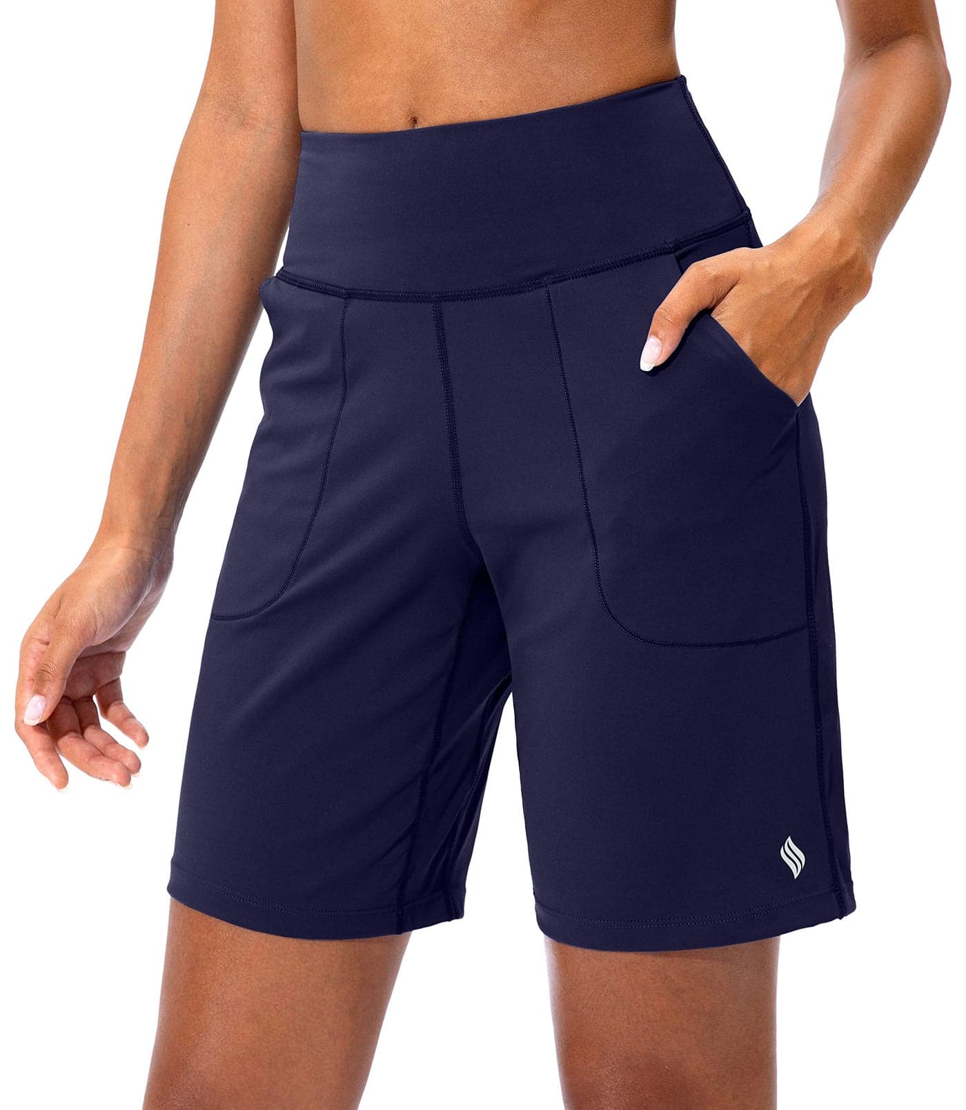 SANTINY Bermuda Shorts for Women with Zipper Pocket Womens High Waisted Long Shorts for Running Workout Athletic(Navy_M)
