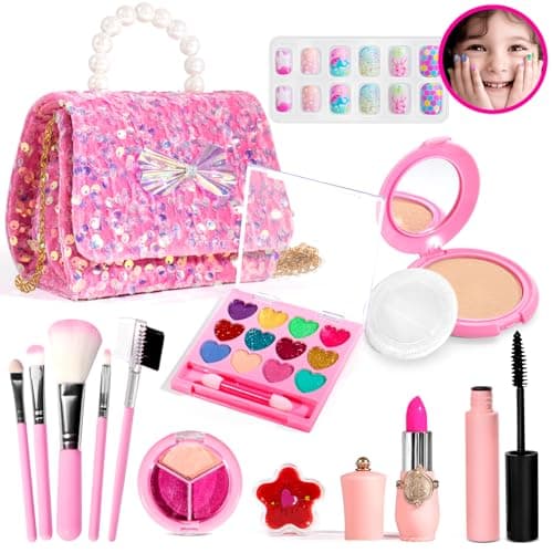 ULOVEME Kids Real Makeup Kit for Little Girls Real Non Toxic Washable Make Up Toy Umicorn Toys Gift for 3 4 5 6 7 8 9 10 12 Years Old Girls Birthday Sequin Purse