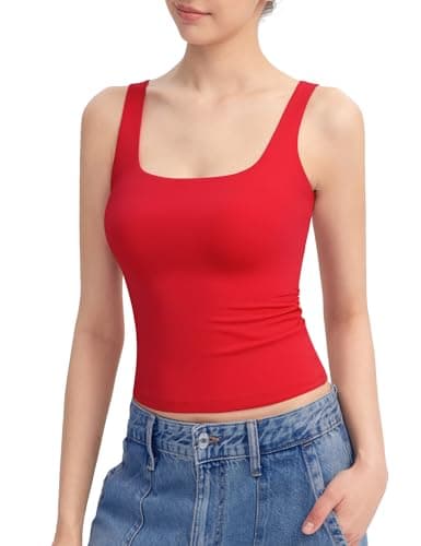 PUMIEY Women's Square Neck Tank Tops Sleeveless Double Lined Basic Going Out Top, Ruby X-Small