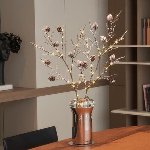 Fudios Lighted Branches with Pinecone 32in Artificial Snowed Willow Branch with Timer for Winter Christmas