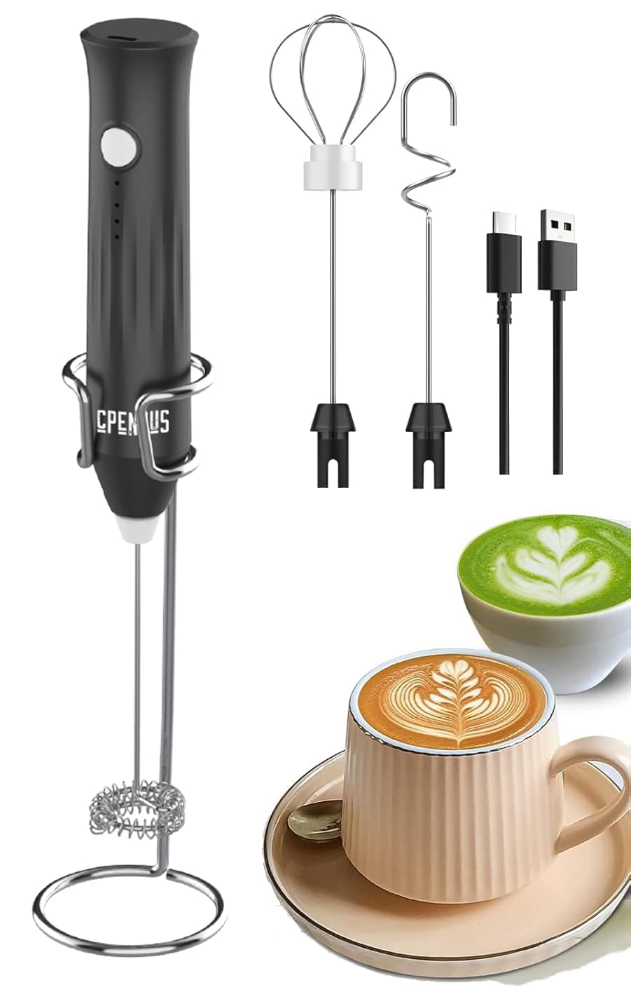 CPENSUS Coffee frother Electric with 3 Whisker & Stand 3-Speed Adjustable 1100mAh Battery Milk Blender Beater Handheld Foam Maker Mixer Gift 11000 RPM Lattes Cappuccino (4 in 1 Black)