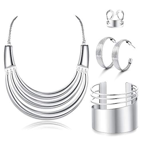 JOERICA Bib Choker Necklace Silver Jewelry Set Wide Cuff Bangle Bracelet Open Hoop Earrings Adjustable Ring Chunky Silver Statement Costume Jewelry Set for Women