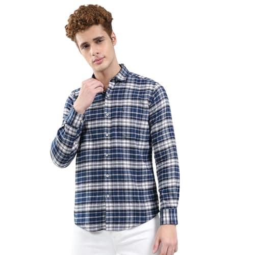 Monte Carlo Men’s Regular Fit Shirt | Collar Neck | Checkered Pattern | Full Sleeve | Button Closure | Classic Winter Shirt | Smart Casual Wear for Office & Outings Blue L (Pack of 1)