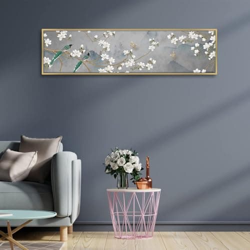 PAINTINGMANTRA White Floral Love Bird Nature Large Canvas Painting Framed Panel Wall Painting, Framed Luxury Paintings for Home Decoration, Living room, Bedroom & Office Décor (Grey, 13x47 Inch)