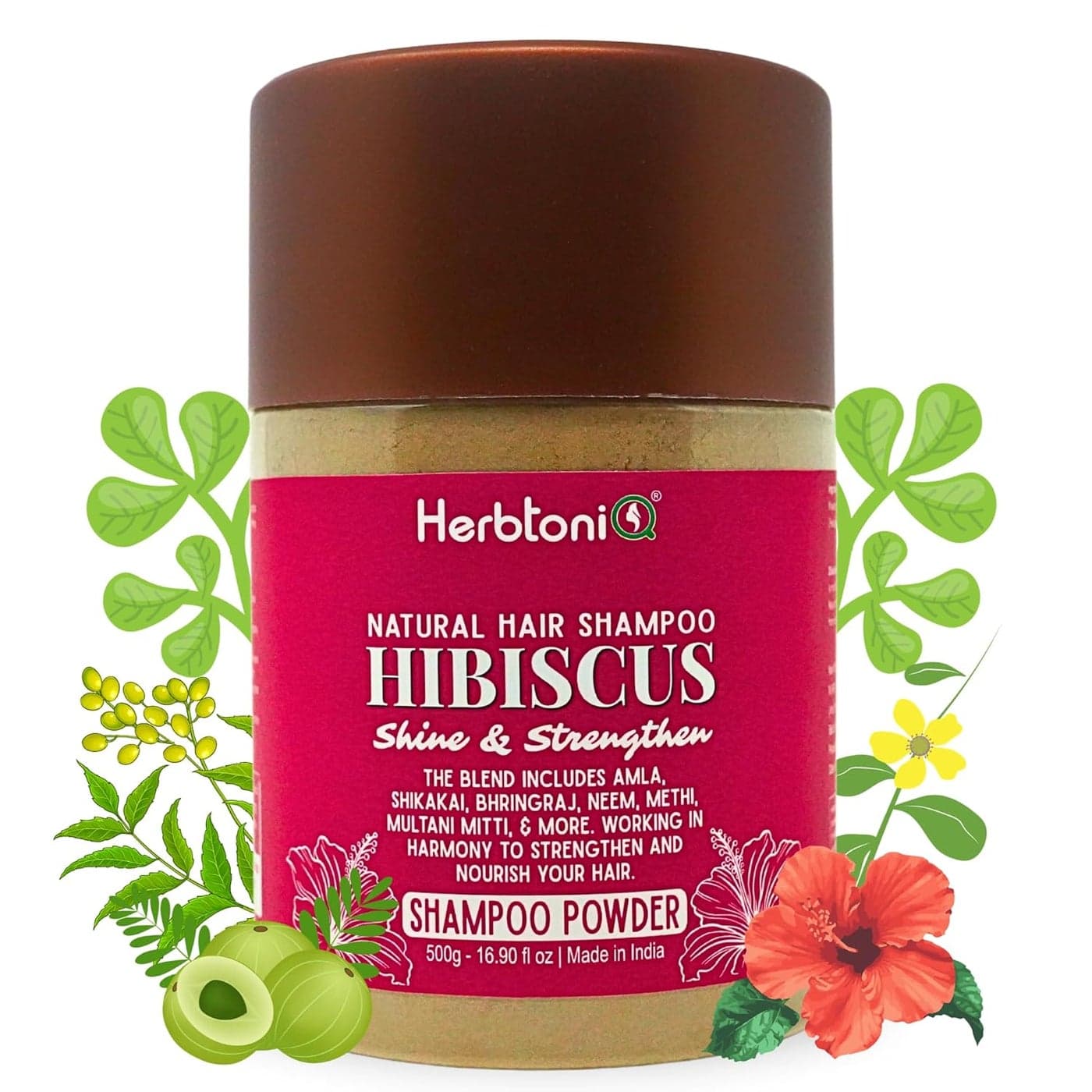 HerbtoniQ Hibiscus Shine Strengthen Natural Shampoo Powder for Radiant Shine Strength Reduce Hair Fall Dandruff Control and Hair Growth for Men Women 500g
