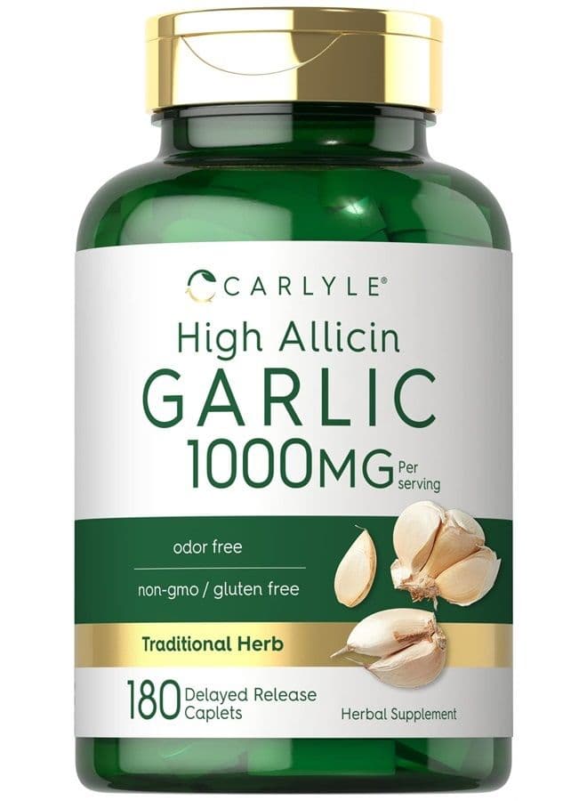 Garlic Supplement with High Allicin | 180 Caplets | Odorless Garlic Pills | Vegetarian, Non-GMO, Gluten Free