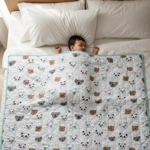 HOMEMONDE 100% Cotton Reversible Kids Blanket (0-5 Yrs) | Soft, Cozy & Warm | Triple Layer | Safe & Chemical-Free | All-Season Use | 55" x 39" (140 cm x 99 cm) - Panda & Friends