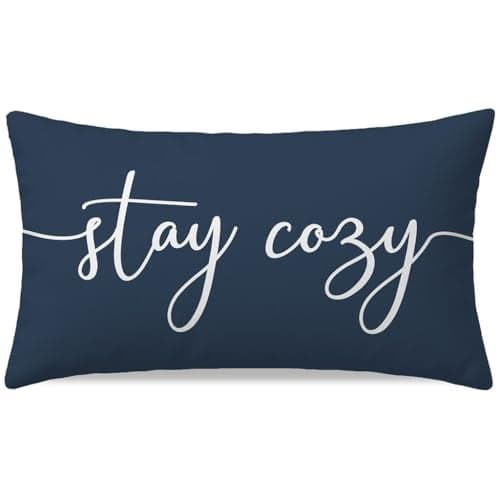 PANDICORN Navy Blue Pillow Cover 12x20 Inch, Stay Cozy Relax Farmhouse Lumbar Decorative Cushion Case for Couch Sofa Bed, Fall Winter Living Room or Bedroom Holiday Decorations