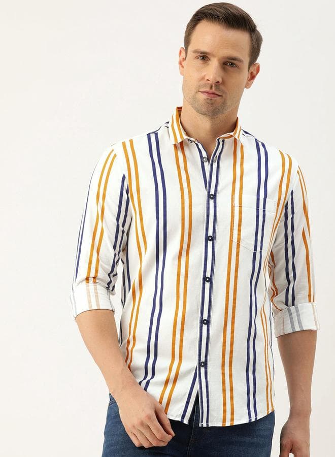 Men White Striped Slim Fit Casual Shirt