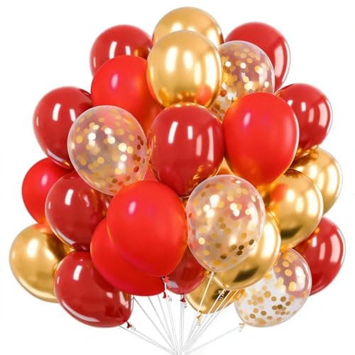 PartyWoo Red and Gold Balloons 66pcs 12 10 Inch Matte Red Burgundy Metallic Chrome Gold Confetti Balloons for Graduation Baby Shower Birthday New Years Eve Anniversary Christmas Party Decorations
