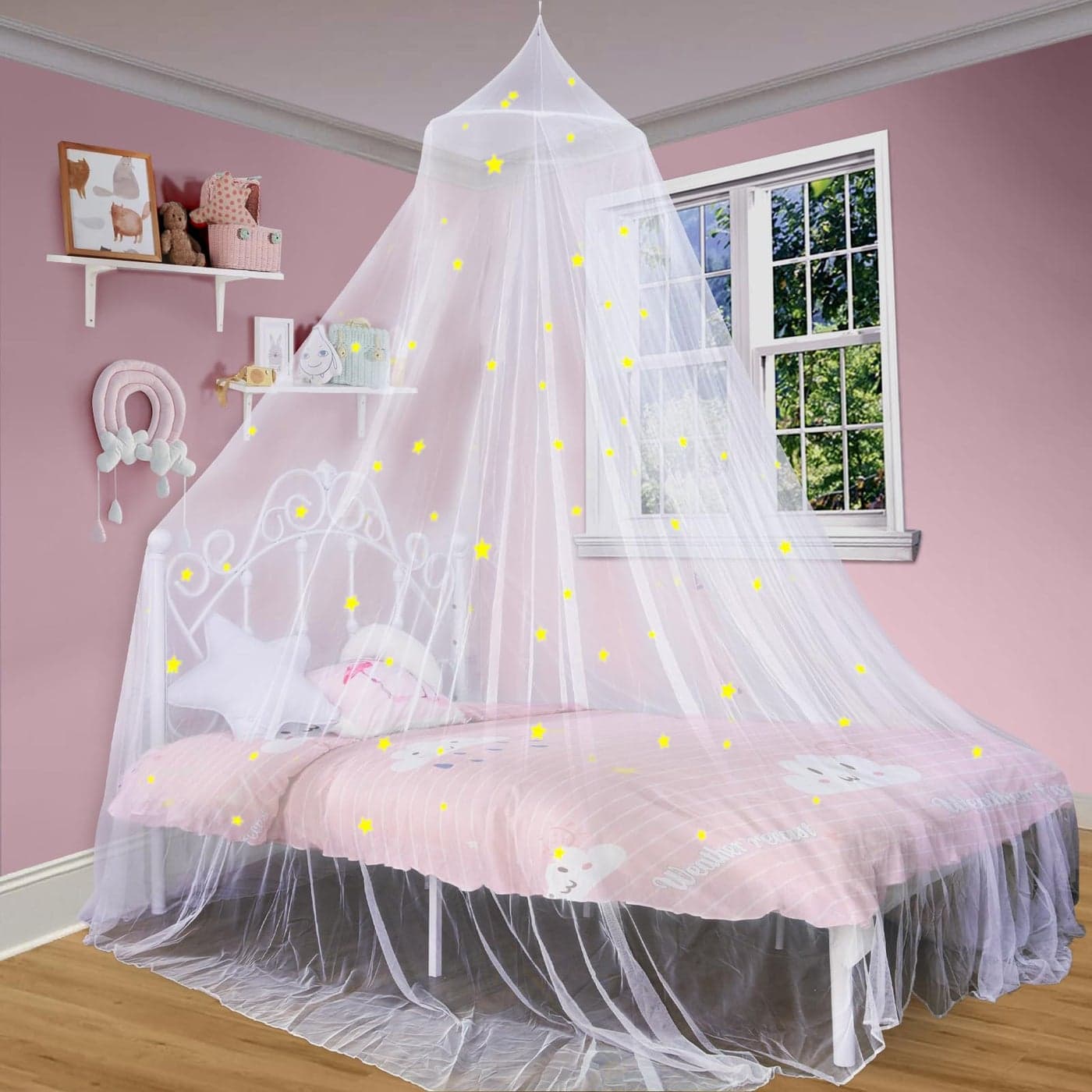 South to East Bed Canopy with Fluorescent Stars Glow in Dark for Kids, Girls Or Adults, Starry Night Bed Canopy Fit Kid Beds, Girls Beds, Twin Or Full Size Beds, Fire Retardant Fabric