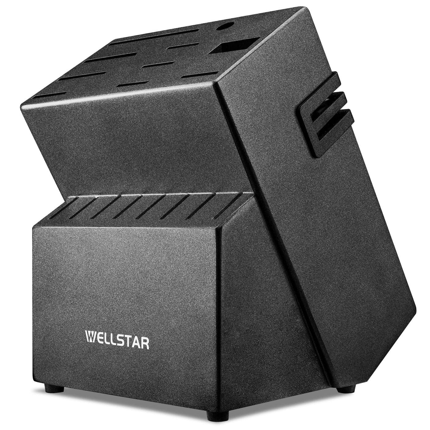 18Slot Kitchen Knives Block WELLSTAR Large Capacity Natural Wooden Knife Holder without Knives Modern Hard Wood Countertop Knife Storage with Builtin 2Stage Knife Sharpener Black