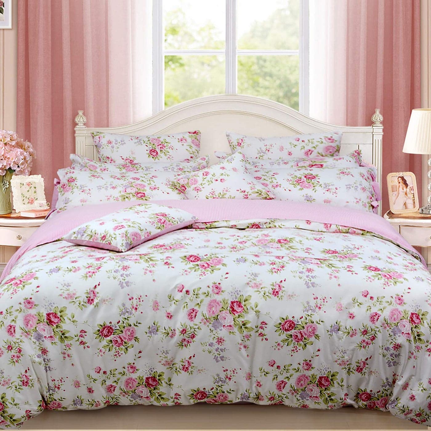 FADFAY Shabby Rose Floral Duvet Cover Pink Plaid Girls Bedding Set 100 Cotton Ultra Soft Bed Sheet Set5Pcs 1 Duvet Cover 1 Fitted Sheet 1 Flat Sheet 2 Standard Pillowcases Twin Size
