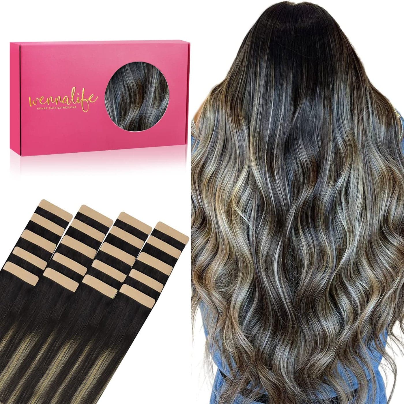 WENNALIFE Tape in Hair Extensions Human Hair 20pcs 50g 20 inch Natural Black to Light Blonde Remy Hair Extensions Straight Human Hair Tape in Extensions Skin Weft Tape Extensions Human Hair