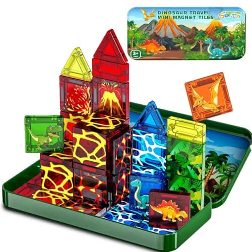 SKTMYY Mini Magnetic TilesDinosaur Themed Travel Magnetic Tiles Set with Iron Box for Kids Ages 3Car Airplane Travel EssentialEducational Preschool ToysBirthday Gifts