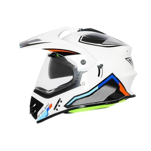 Steelbird SBH-13 Racer Bluetooth Off Road ISI Certified Motocross Double Visor Full Face Helmet Outer Clear Visor and Inner Smoke Sun Shield (Medium 580 MM, Glossy White Orange)