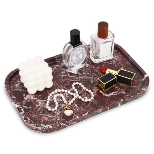Marble Bathroom Vanity Tray, Natural Marble Home Kitchen Table Tray, Stone Decorative Countertop Serving Organizer for Dresser Coffee Perfume Jewelry Makeup (1, Rosso Lepanto L, 12 * 8 * 0.8)