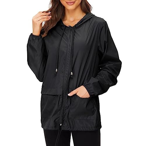 Zando Waterproof Windproof Windbreaker Jacket Women- Packable Raincoats for Women with Hood Black Rain Jacket Lightweight Rain Jackets for Outdoor Travel Hiking Commute Walk Gifts XL