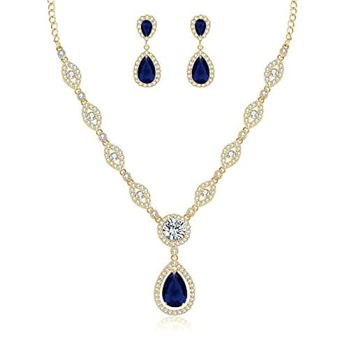 GULICX Jewelry Set for Womens, Gold Plated Teardrop Rhinestone Wedding Bridesmaid Prom Jewelry Set Pendant Necklace Drop Dangle Earrings Set for Brides