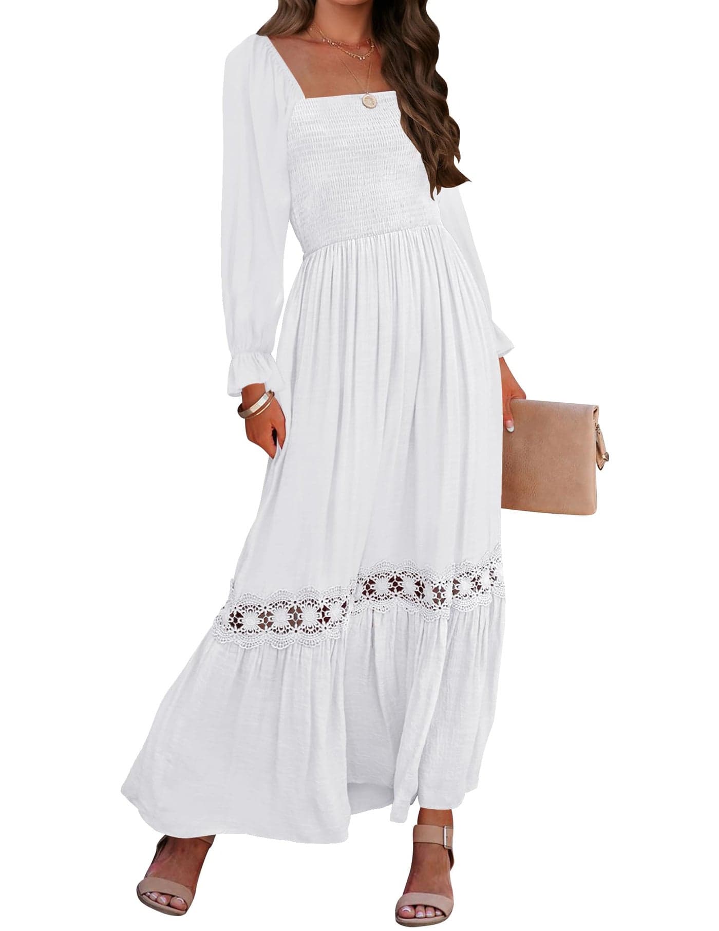 ZESICA Womens 2025 Boho Long Sleeve Square Neck Smocked High Waist Flowy A Line Lace Trim Maxi Dress White M