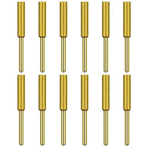 12 Pack Diamond Chainsaw Sharpener Burr Files 1/8" Shank, 3/16 Inch Replacement Sharpening Stones, Titanium Plated Sharpening Wheels Polishing Grinding Tool Grinding Bits (3/16 Inch/ 4.8 mm)