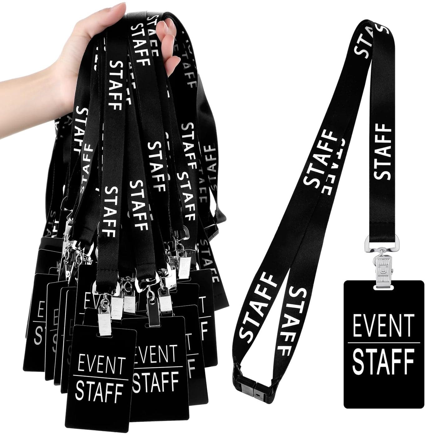 Qilery 50 Set Event Staff Lanyards with PVC Cards Lanyard Pass Staff Cards with Metal Swivel Hook for Concert Event Party Organizer Conference Party Office SuppliesBlack