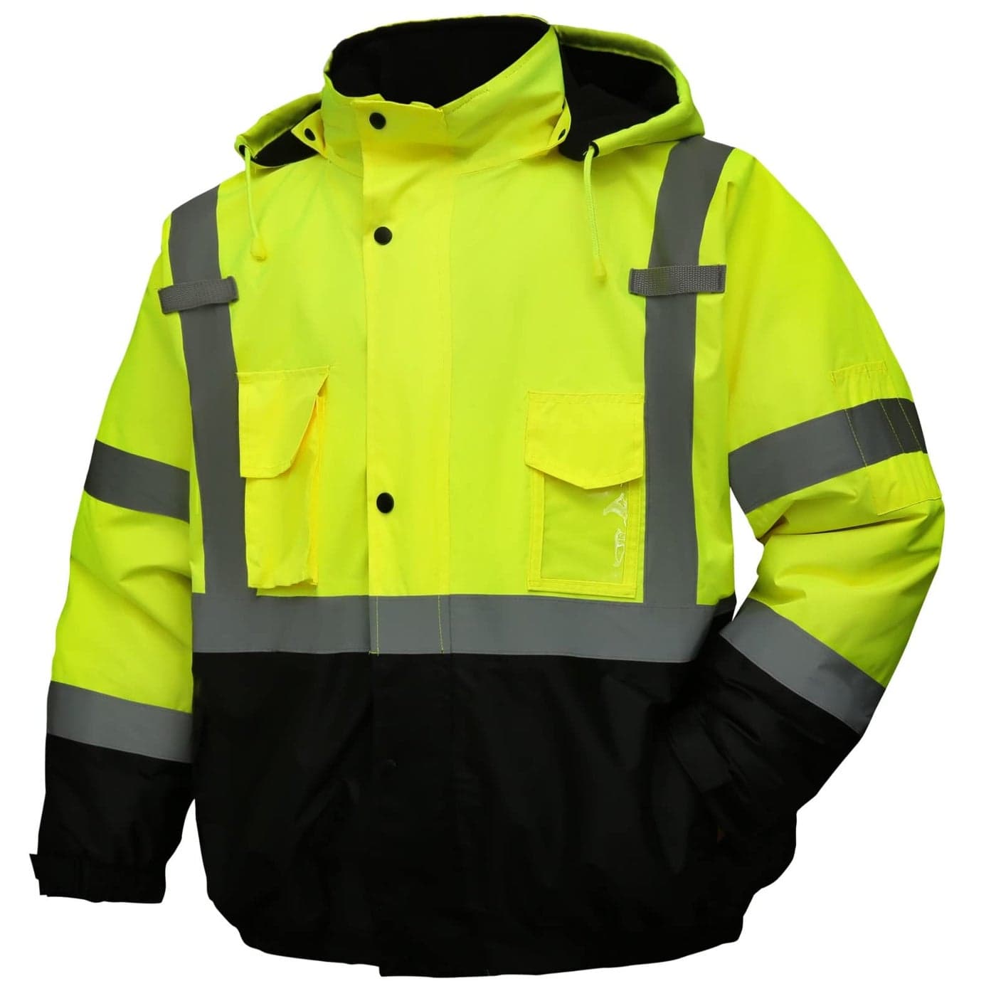 DPSAFETY Safety jacket for menReflective high Visibility Hooded jacketHiVis Bomber Jacket with Pockets and ZipperWaterproofBlack BottomANSIISEA 1072020 Type R Class 3Lime