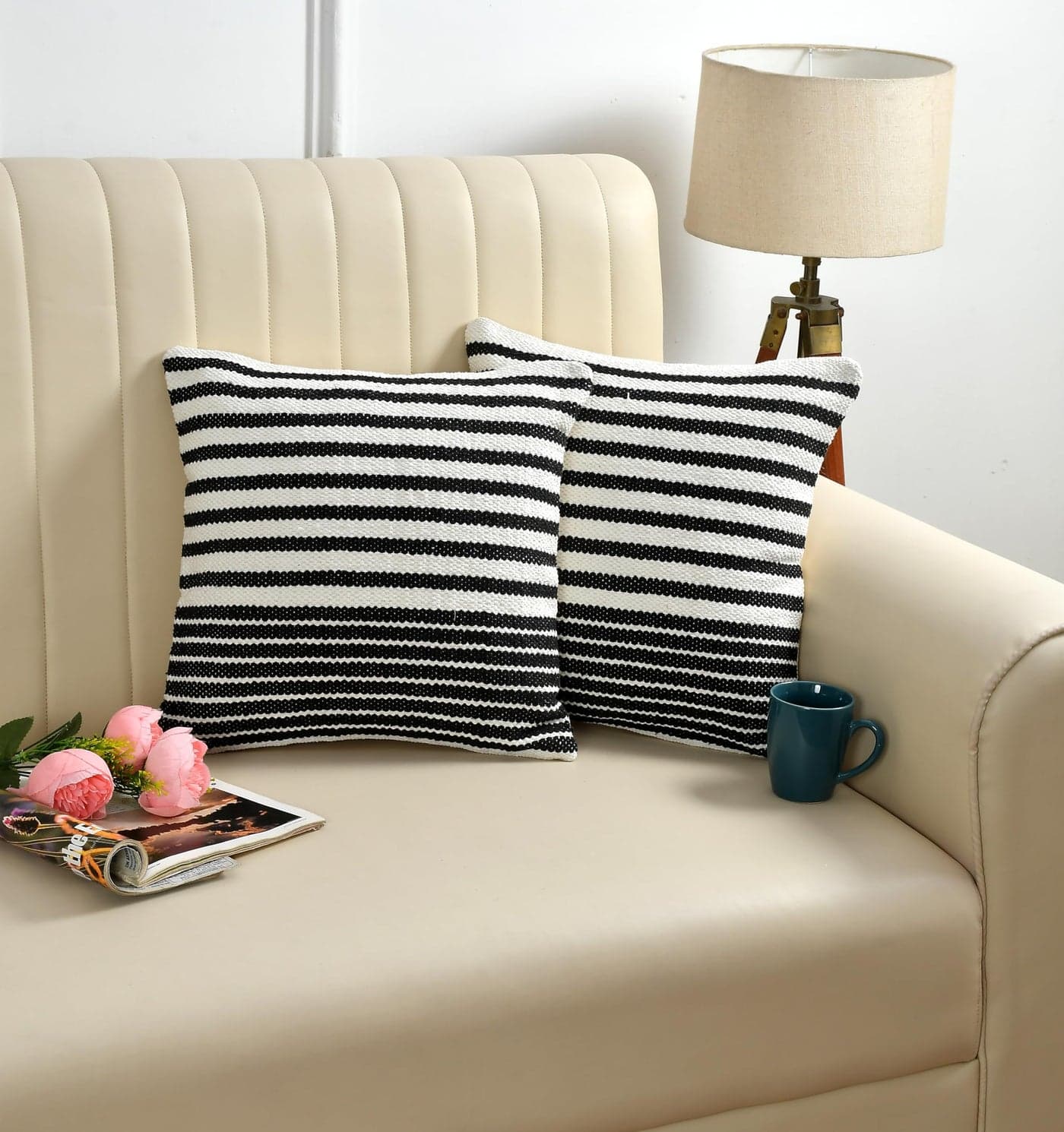 TIB Premium Boho Decorative Throw Cushion Covers, 16 x 16 cm, Set of 2, Cotton. (Black Stripes)