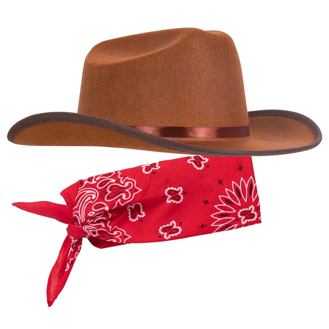 Narwhal Novelties Junior Brown Cowboy Hat with Red Bandana Set Kids Western Wear with Felt Cowboy Hat for Boys Kids Cowboy Hats for Dress up Parties Kids Cowgirl Hat