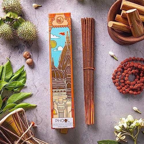 Phool Luxury Incense Kashi Vishwanath Sandalwood (Chandan) Incense Sticks – Pack of 40 Natural Charcoal-Free Agarbatti, Temple Flower Incense, Long Lasting Fragrance for Pooja & Meditation