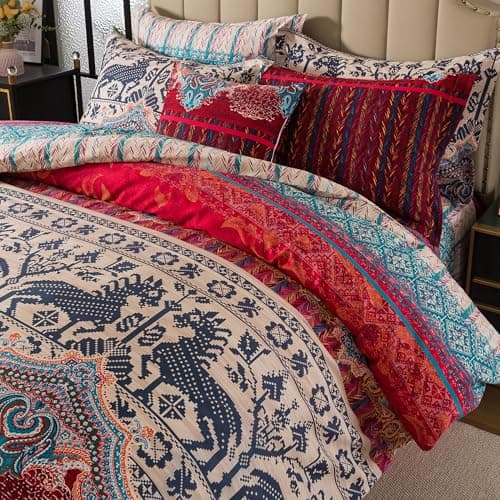 FADFAY Exotic Boho Duvet Cover Set Queen 100% Brushed Cotton Soft Bohemian Bedding Paisley Ethnic Colorful Printed Bedding Reversible Tribal Zipper Bed Comforter Cover + 2 Pillowshams- Queen, 3 Pcs