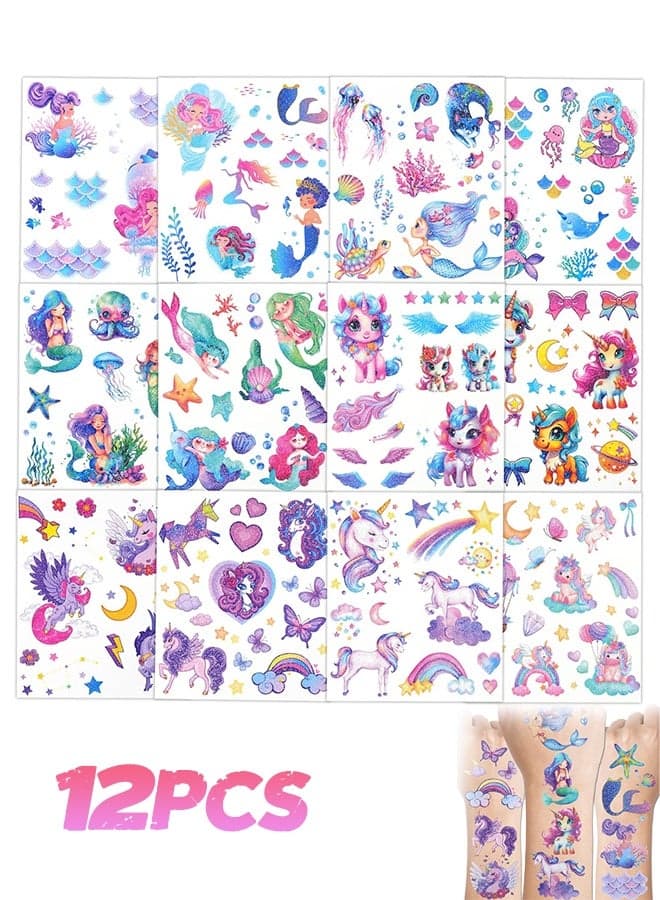 Glitter Temporary Tattoo for Girls, 12 Sheets Mermaid Unicorn Tattoo Stickers for Kids, Waterproof Fake Tattoos for Birthday Party Favors Supplies